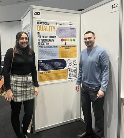 Students, Tamsin Fitzgerald and Chris Duncan presenting the Transforming Quality poster at #Physio24